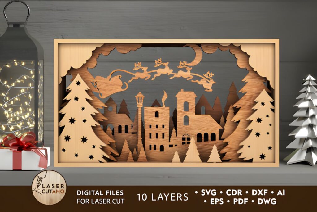54 Christmas Laser Cut Files for Festive Laser Projects 82 Christmas Laser Cut Files multilayer decorative box with village and reindeer scene