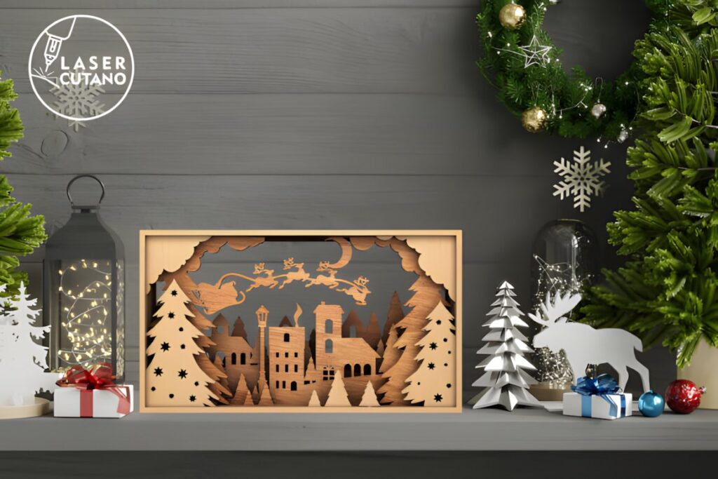 54 Christmas Laser Cut Files for Festive Laser Projects 83 Christmas Laser Cut Files multilayer decorative stand box with trees, buildings, and Santa silhouette
