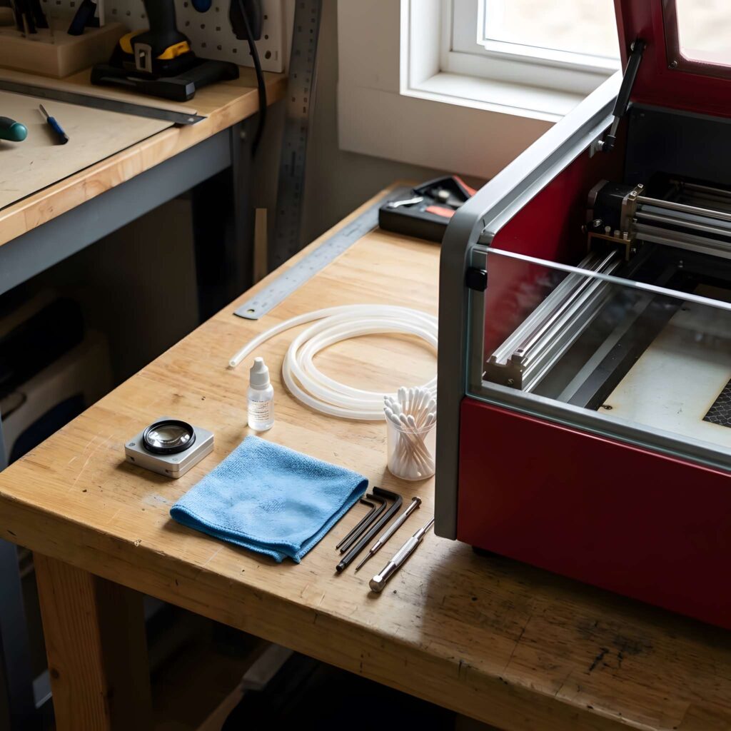 CO2 vs Diode Laser: 5 Key Differences Beginners Must Know 8 Workspace with a laser cutting machine and tools illustrating CO2 vs diode laser for cutting and engraving