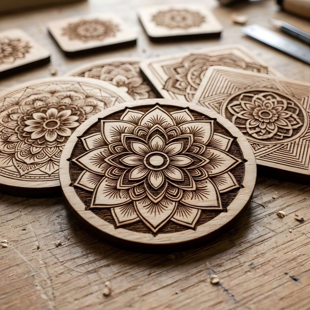 CO2 vs Diode Laser: 5 Key Differences Beginners Must Know 5 Intricate wooden designs showcasing CO2 vs diode laser for cutting and engraving precision