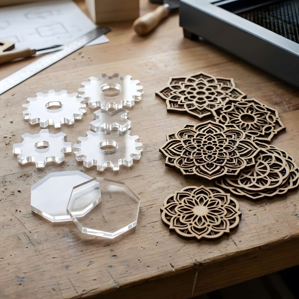 CO2 vs Diode Laser: 5 Key Differences Beginners Must Know 4 CO2 vs diode laser for cutting and engraving showing clear acrylic gears and intricate wooden laser-cut designs on a