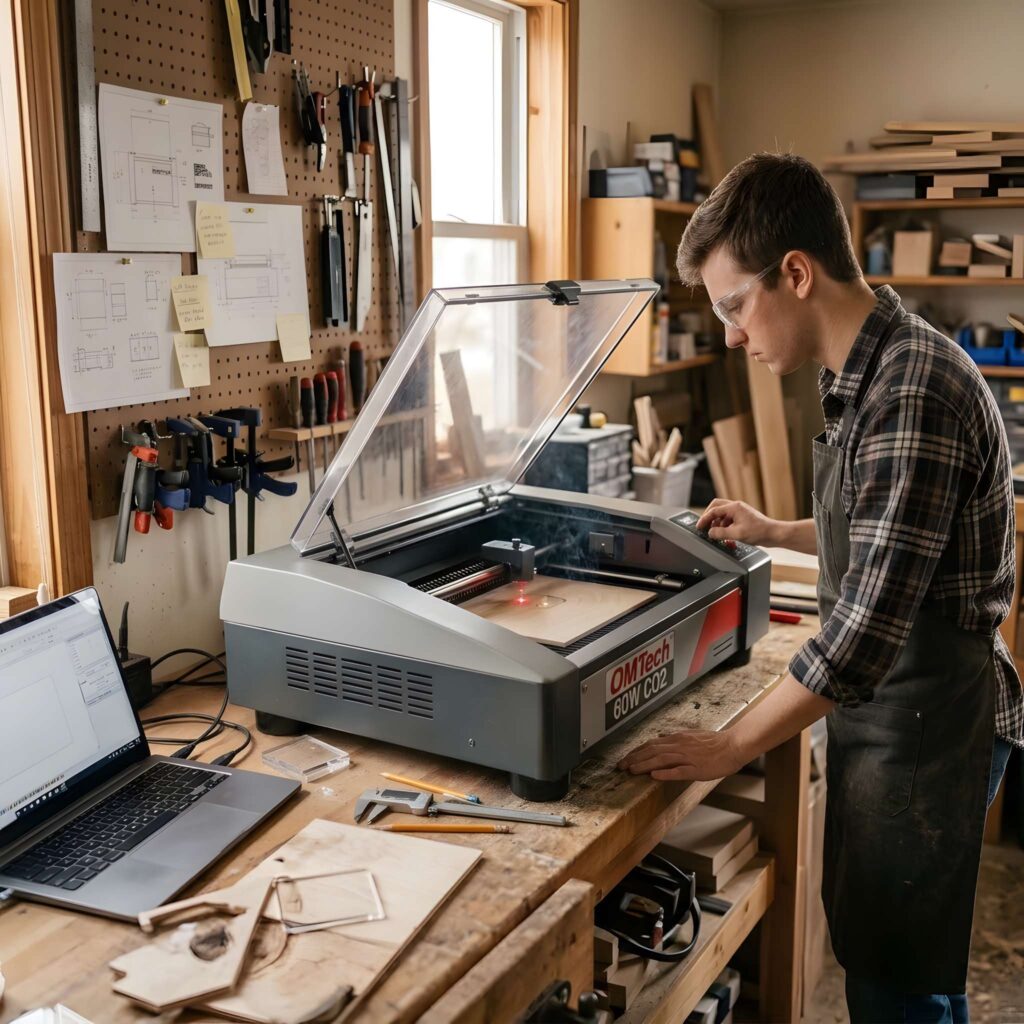 CO2 vs Diode Laser: 5 Key Differences Beginners Must Know 2 Man operating CO2 vs diode laser for cutting and engraving machine in a woodworking workshop