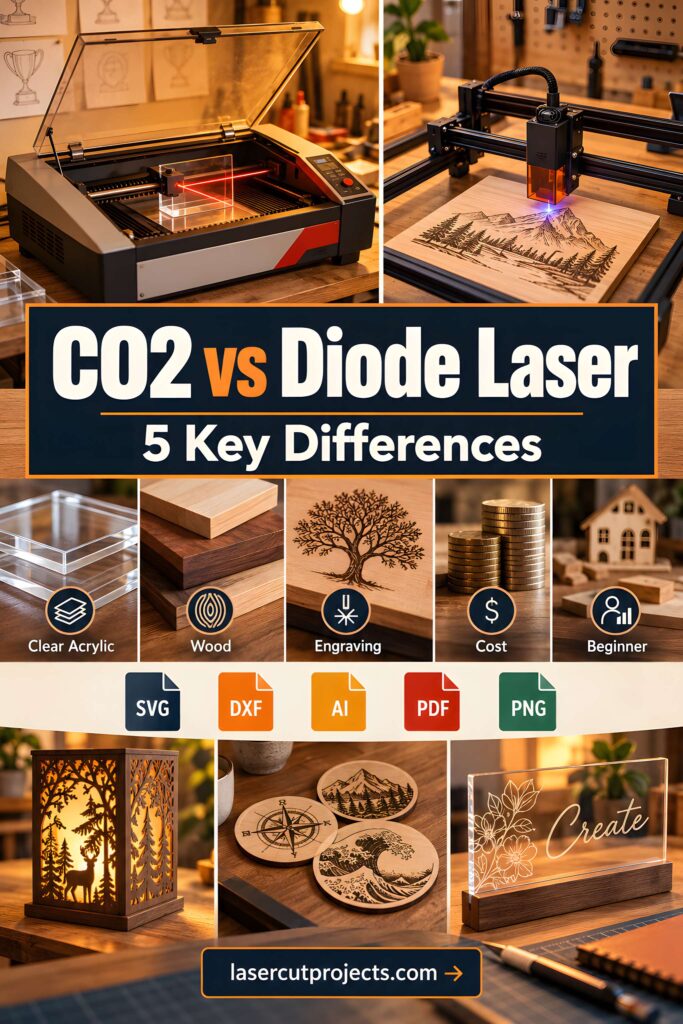 CO2 vs Diode Laser: 5 Key Differences Beginners Must Know 1 CO2 vs diode laser for cutting and engraving showing machines, materials like clear acrylic and wood, and engraved projects