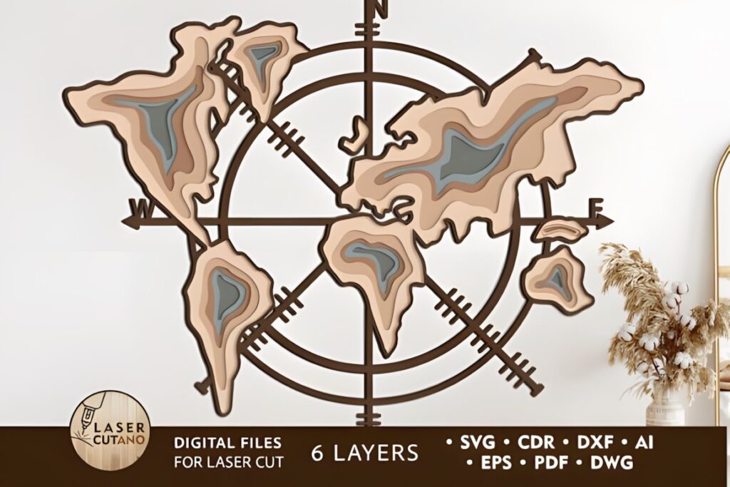 27 Laser Cut Wood Wall Art Ideas for Modern Home Decor 55 Laser cut wood wall art ideas featuring a six-layer world map and compass design in natural wood tones
