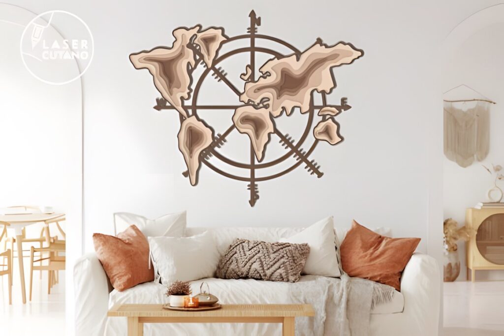 27 Laser Cut Wood Wall Art Ideas for Modern Home Decor 56 Laser cut wood wall art ideas featuring a six-layer compass map design mounted above a white sofa with cushions in a modern