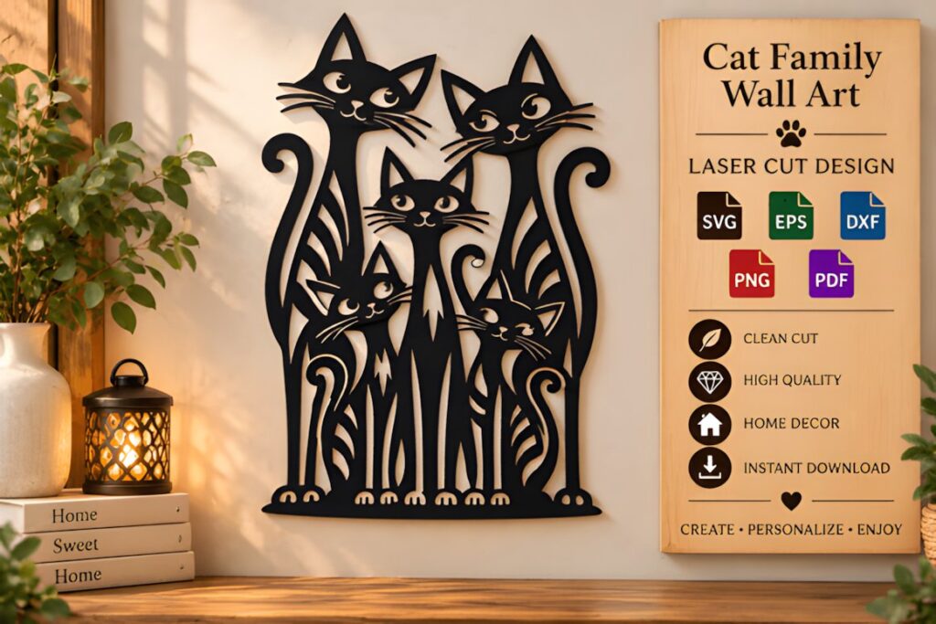 47 Laser Cut Wall Art Ideas for Stylish Home Interiors 53 Laser cut wall art ideas featuring a playful black cat family design with five connected cats for stylish home interiors