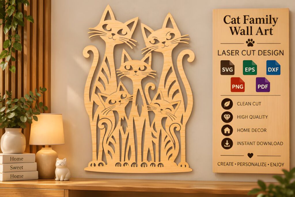 47 Laser Cut Wall Art Ideas for Stylish Home Interiors 54 Laser cut wall art ideas featuring a playful cat family design with five connected cats in a wooden finish