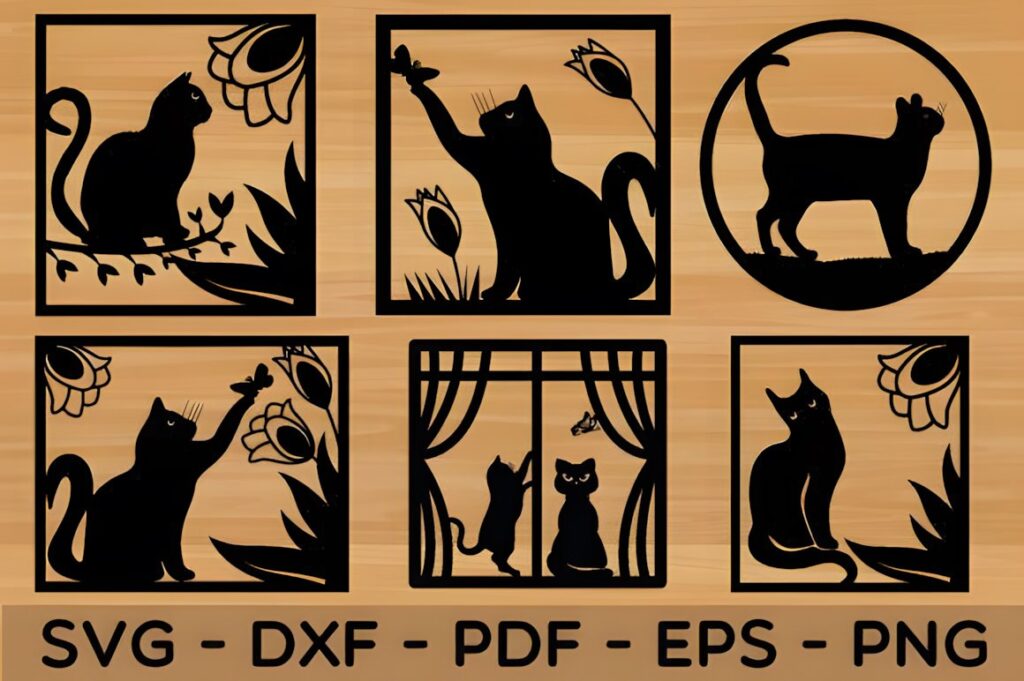 29 Laser Cut Metal Wall Art Ideas for Modern Home Decor 36 Laser cut metal wall art ideas featuring six black cat designs in various poses and floral accents on a wooden background