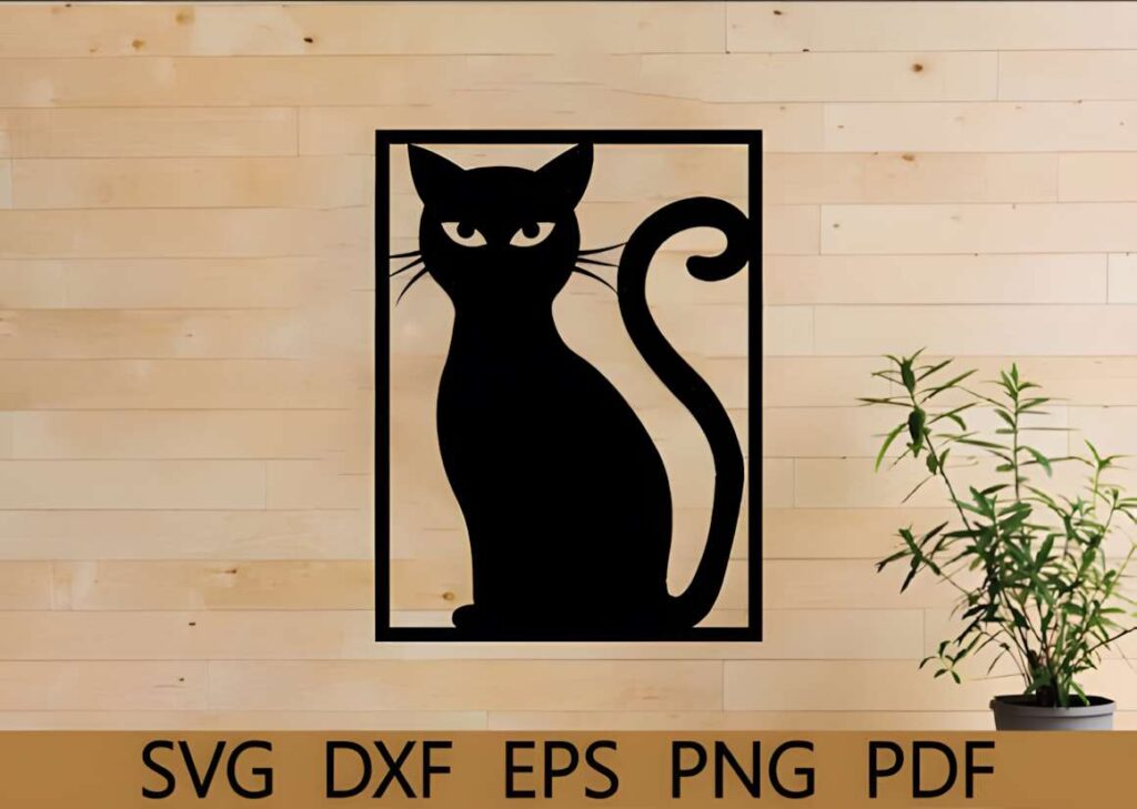 50 Laser Cut Steel Wall Art Ideas for Modern Home Decor 56 Laser cut steel wall art ideas featuring a black cat silhouette in a rectangular frame on a wooden wall