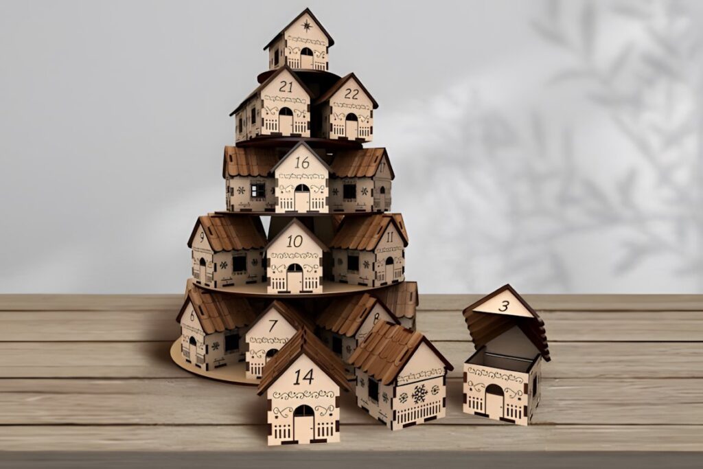 54 Christmas Laser Cut Files for Festive Laser Projects 42 Christmas Laser Cut Files wooden advent calendar with numbered house compartments for treats or surprises