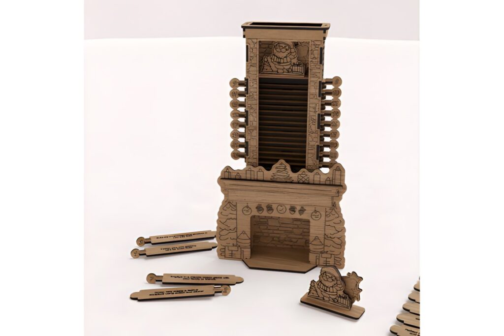 54 Christmas Laser Cut Files for Festive Laser Projects 31 Christmas Laser Cut Files Santa-and-chimney countdown display with 24 slide-out platforms made from 3 mm material