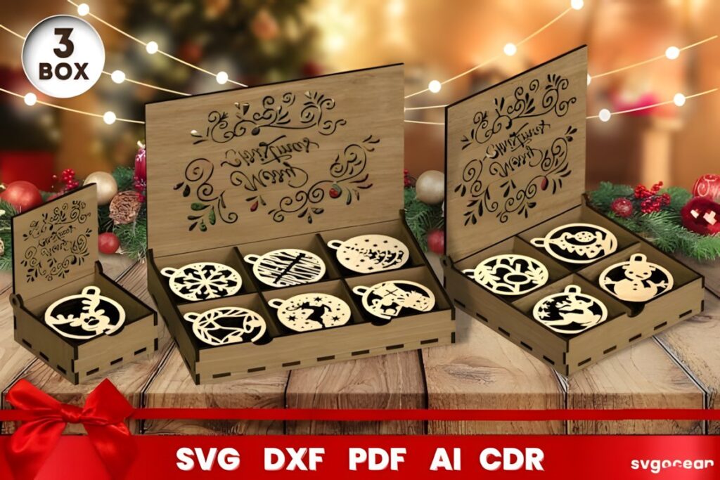 54 Christmas Laser Cut Files for Festive Laser Projects 44 Christmas Laser Cut Files wooden box with festive laser-cut ornaments in various shapes