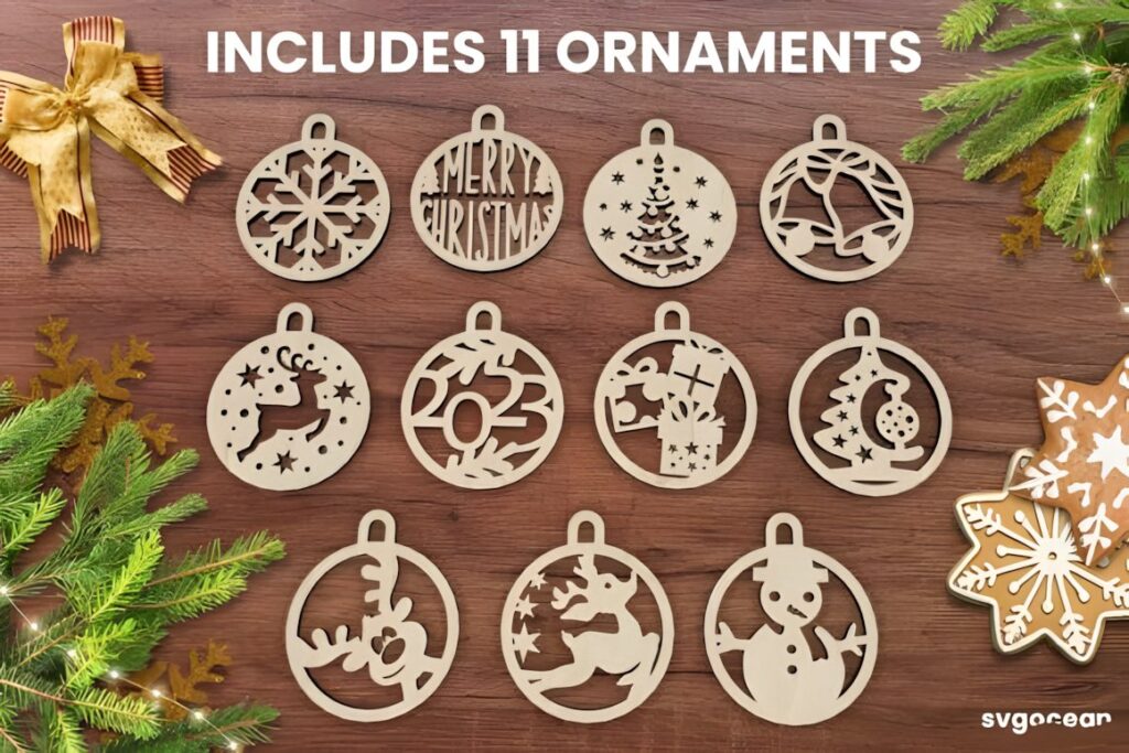 54 Christmas Laser Cut Files for Festive Laser Projects 45 Christmas Laser Cut Files showing 11 wooden laser cut ornaments with festive designs on a wooden surface