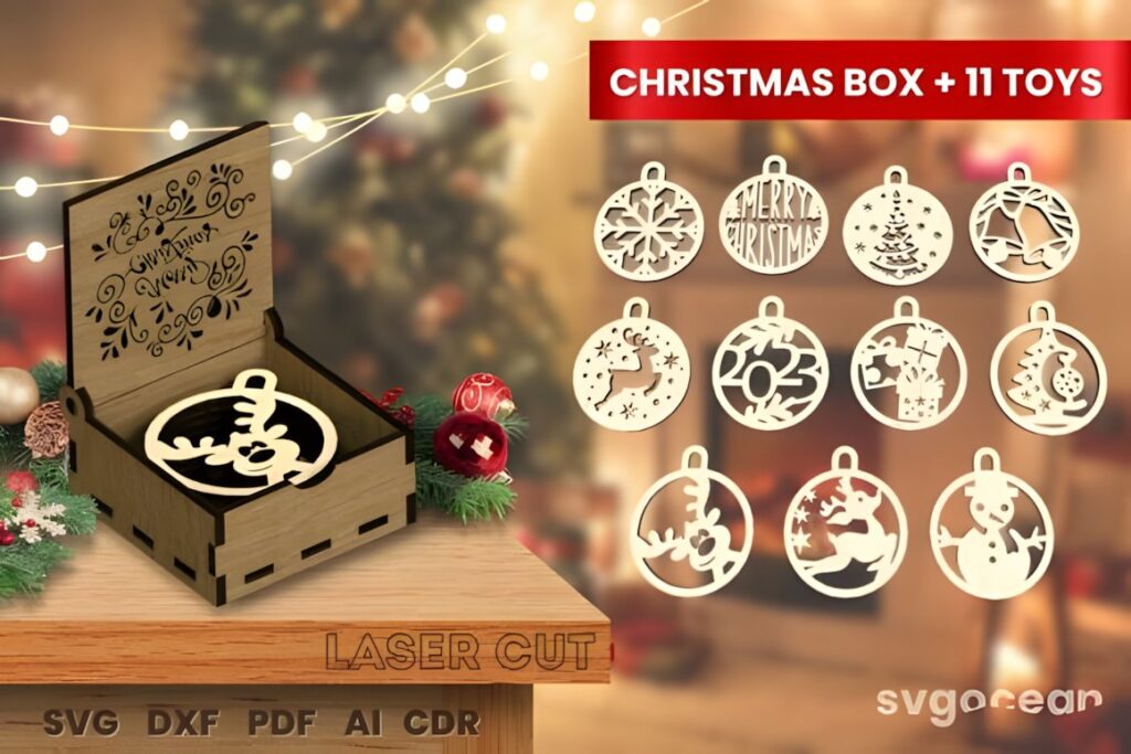 54 Christmas Laser Cut Files for Festive Laser Projects 46 Christmas Laser Cut Files showing a wooden Christmas box and 11 laser cut toy ornaments in various festive shapes