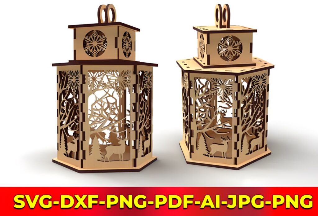 54 Christmas Laser Cut Files for Festive Laser Projects 76 Christmas Laser Cut Files showing two wooden candle holders with intricate festive designs and reindeer motifs