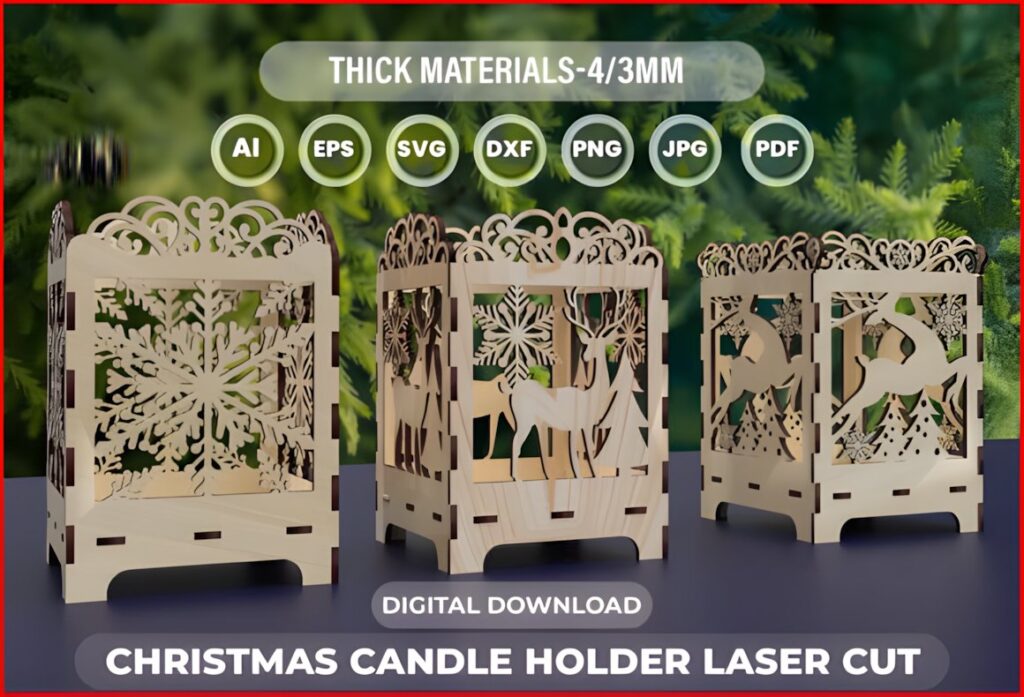 54 Christmas Laser Cut Files for Festive Laser Projects 78 Christmas Laser Cut Files showing three intricate wooden candle holders with festive designs for thick 4/3mm materials