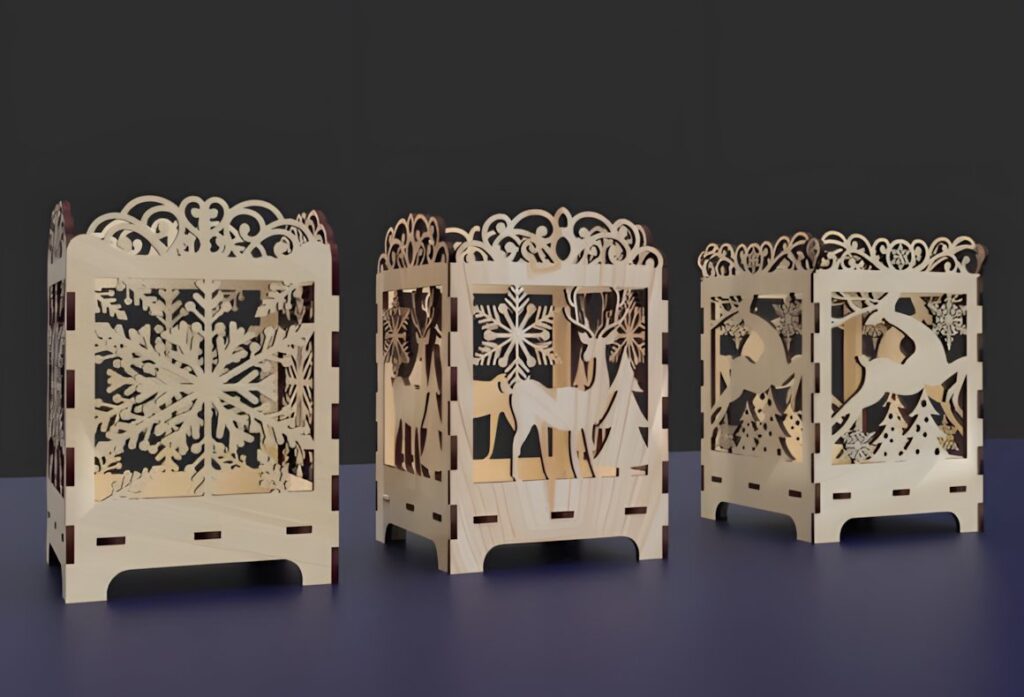 54 Christmas Laser Cut Files for Festive Laser Projects 79 Christmas Laser Cut Files showing three wooden lantern-style candle holders with intricate festive designs including