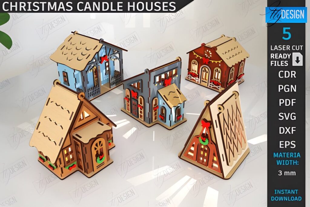 54 Christmas Laser Cut Files for Festive Laser Projects 85 Christmas Laser Cut Files showing five standing candle holder designs with seasonal decorations and cut and engraved details