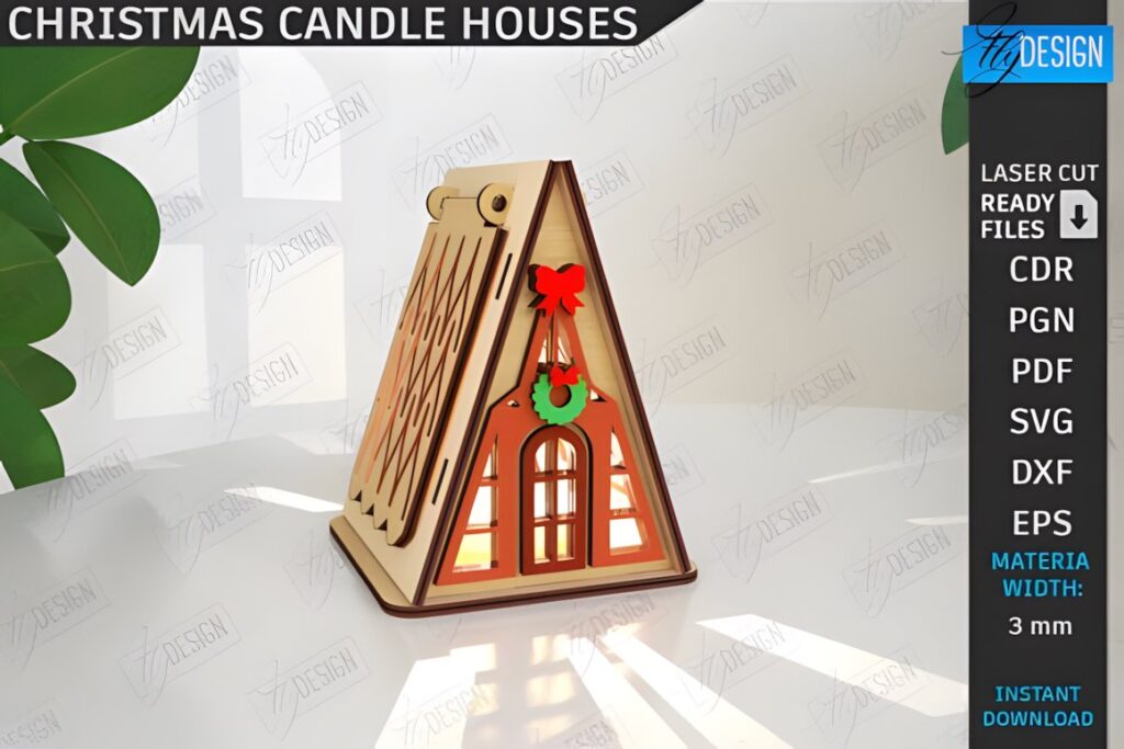 54 Christmas Laser Cut Files for Festive Laser Projects 86 Christmas Laser Cut Files showing a triangular candle holder with festive decorations and illuminated interior