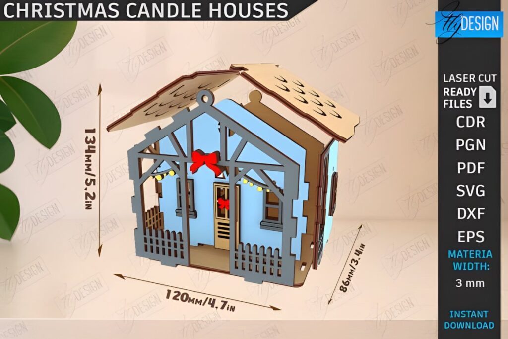 54 Christmas Laser Cut Files for Festive Laser Projects 87 Christmas Laser Cut Files showing a detailed Christmas candle holder house with dimensions and layered design