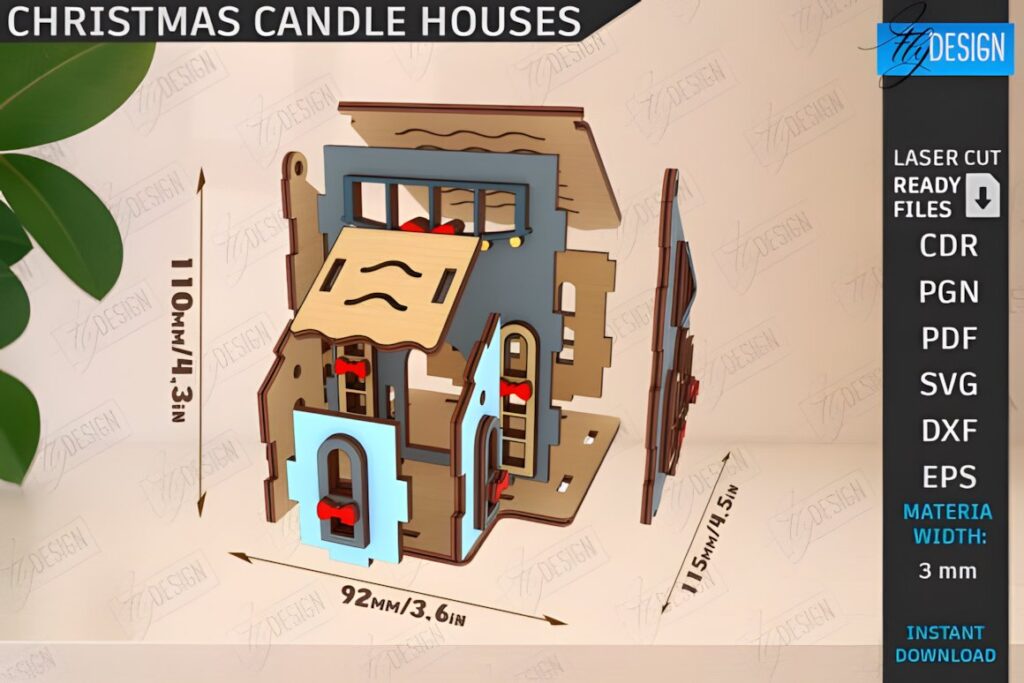 54 Christmas Laser Cut Files for Festive Laser Projects 88 Christmas Laser Cut Files showing a 3D Christmas candle holder house with dimensions and material width