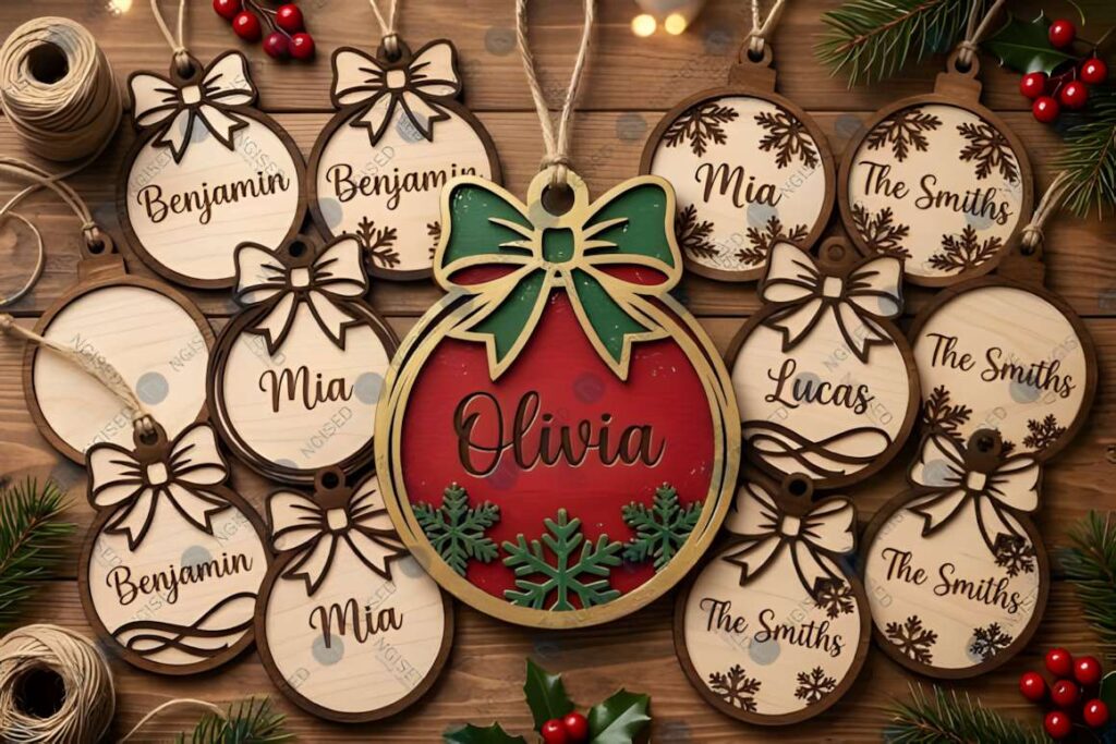 40+ Christmas Laser Cut Ideas in One SVG Mega Bundle 4 Christmas laser cut ideas featuring personalized wooden ornaments with names and decorative bows