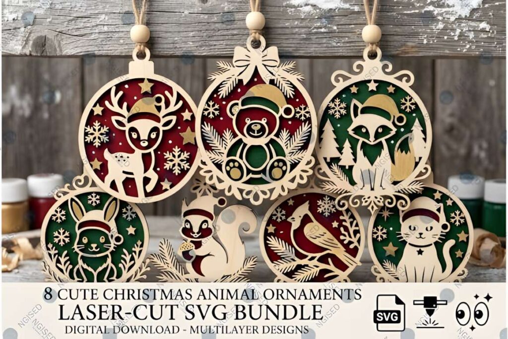 40+ Christmas Laser Cut Ideas in One SVG Mega Bundle 3 Christmas laser cut ideas showing eight layered animal ornaments with intricate details and colorful backgrounds