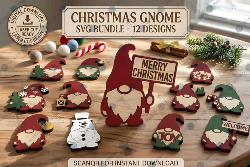 40+ Christmas Laser Cut Ideas in One SVG Mega Bundle 6 Christmas laser cut ideas featuring 12 gnome designs including holiday signs, trees, and a snowman on wooden surface
