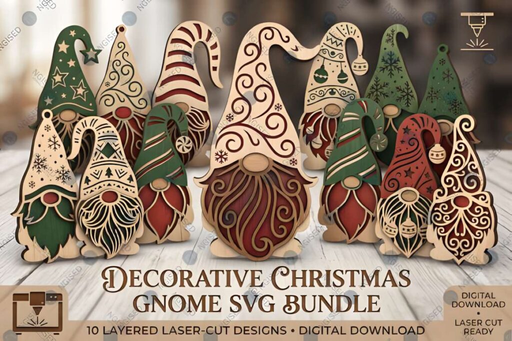 40+ Christmas Laser Cut Ideas in One SVG Mega Bundle 7 Layered Christmas gnome laser cut designs in red, green, and beige colors for holiday décor — Christmas laser cut ideas