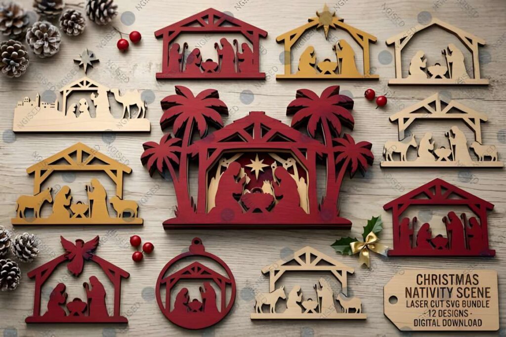 40+ Christmas Laser Cut Ideas in One SVG Mega Bundle 5 Christmas laser cut ideas showing various nativity scenes in red, beige, and yellow wood tones with pine cones and berries