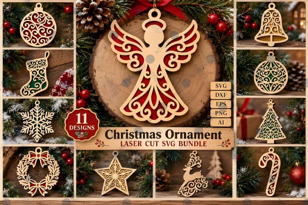 40+ Christmas Laser Cut Ideas in One SVG Mega Bundle 2 Christmas laser cut ideas showing 11 intricate wooden ornament designs including angel, bell, star, wreath, and snowflake