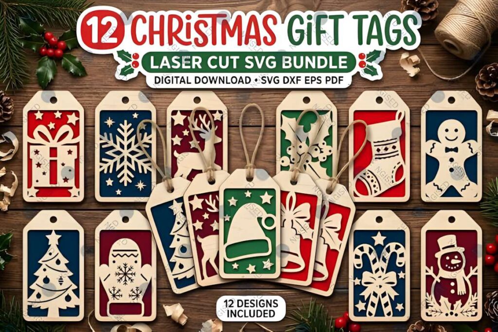 40+ Christmas Laser Cut Ideas in One SVG Mega Bundle 8 Christmas laser cut ideas showing 12 festive gift tags with holiday designs like snowflakes, reindeer, and ornaments