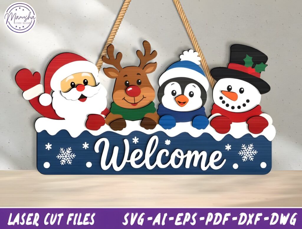 54 Christmas Laser Cut Files for Festive Laser Projects 57 Christmas Laser Cut Files welcome door hanger with Santa, reindeer, penguin, snowman, and snowflakes