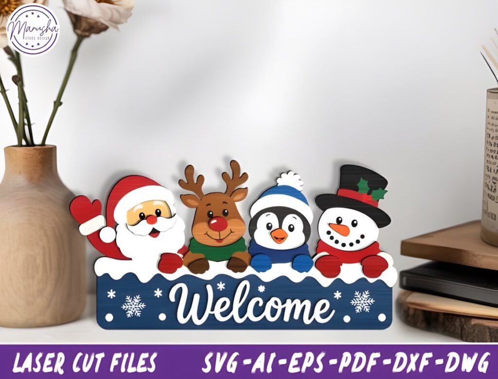 54 Christmas Laser Cut Files for Festive Laser Projects 58 Christmas Laser Cut Files featuring a layered welcome sign with Santa, reindeer, penguin, and snowman characters