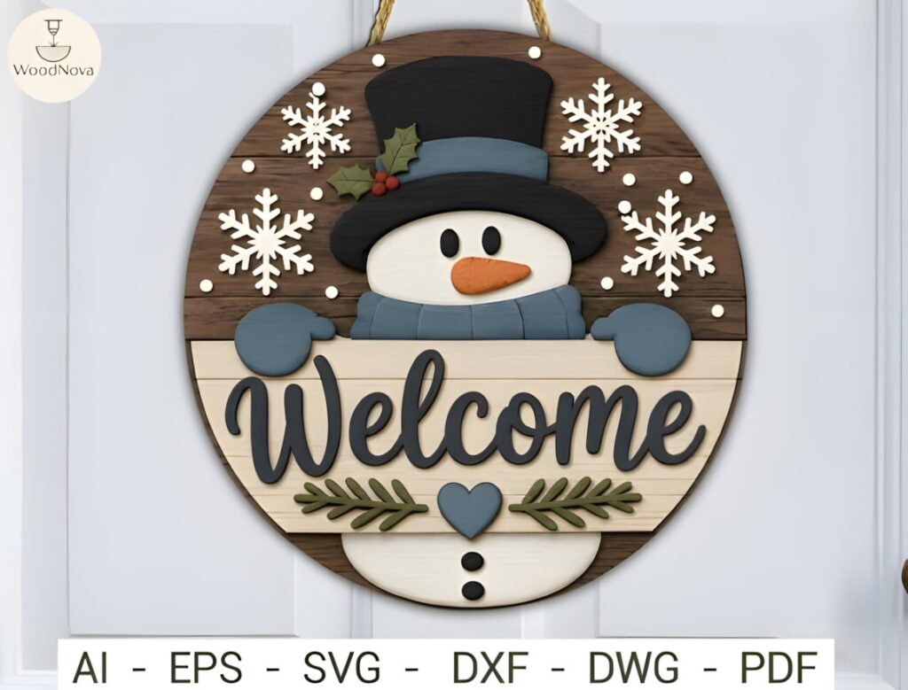 54 Christmas Laser Cut Files for Festive Laser Projects 67 Christmas Laser Cut Files snowman door hanger with snowflakes and greenery on rustic wood background