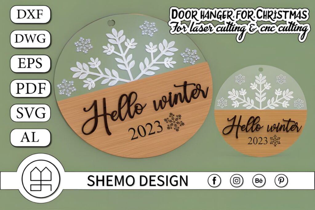 54 Christmas Laser Cut Files for Festive Laser Projects 53 Christmas Laser Cut Files showing round door hanger with snowflake design and 'Hello winter 2023' text