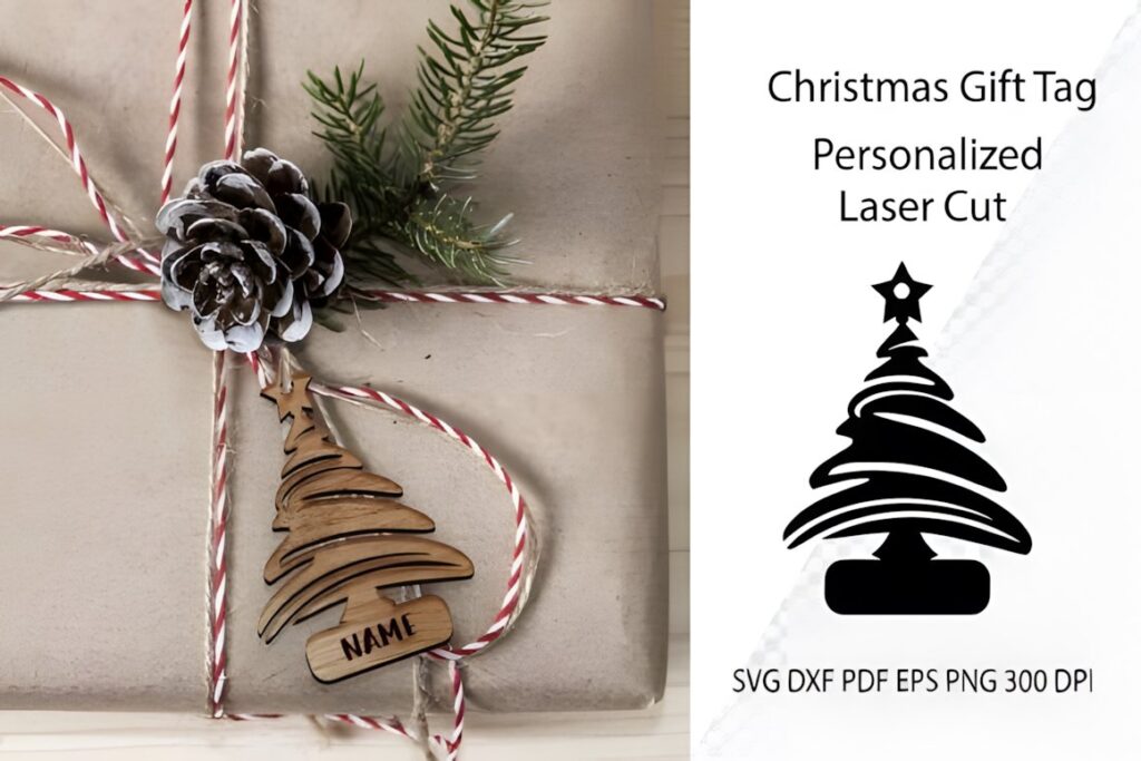 54 Christmas Laser Cut Files for Festive Laser Projects 26 Christmas Laser Cut Files showing a personalized Christmas tree gift tag on wrapped present with pinecone and greenery