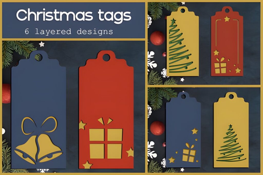 54 Christmas Laser Cut Files for Festive Laser Projects 27 Christmas Laser Cut Files showing six layered Christmas gift tag designs in blue, red, and yellow with holiday motifs