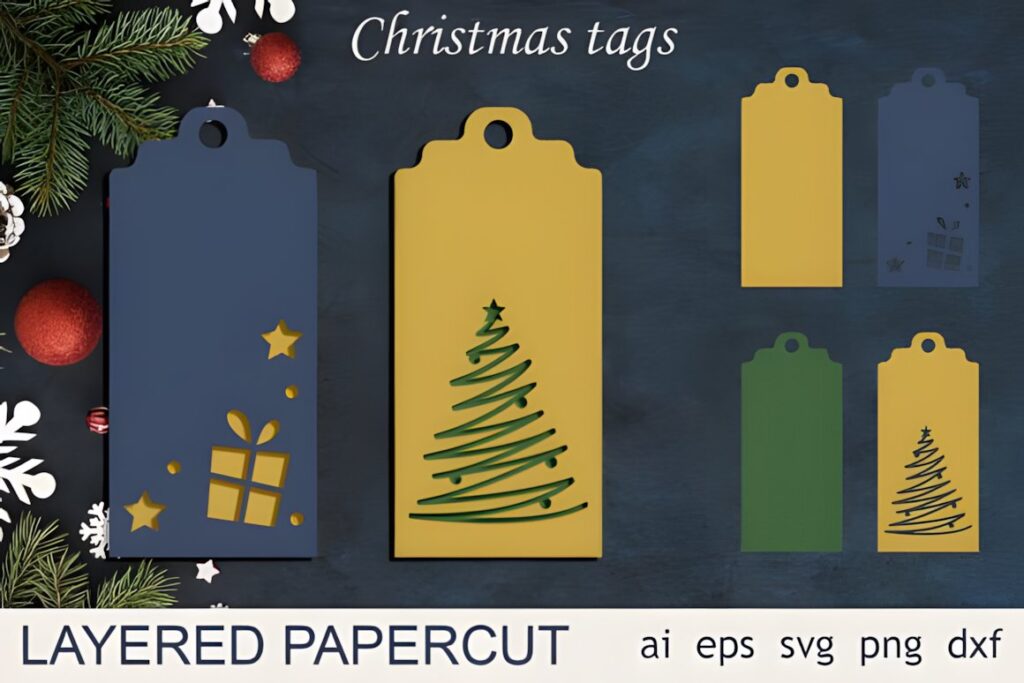 54 Christmas Laser Cut Files for Festive Laser Projects 34 Christmas Laser Cut Files showing layered papercut gift tags with tree and present designs in various colors