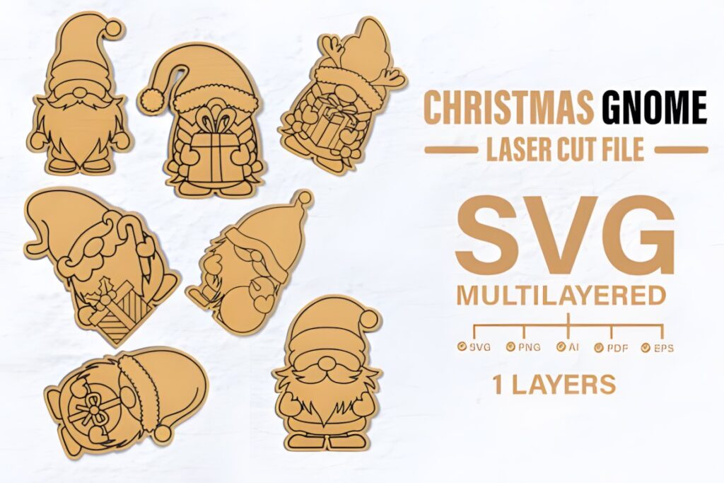 54 Christmas Laser Cut Files for Festive Laser Projects 52 Christmas Laser Cut Files featuring seven whimsical gnome silhouettes in multilayered SVG format