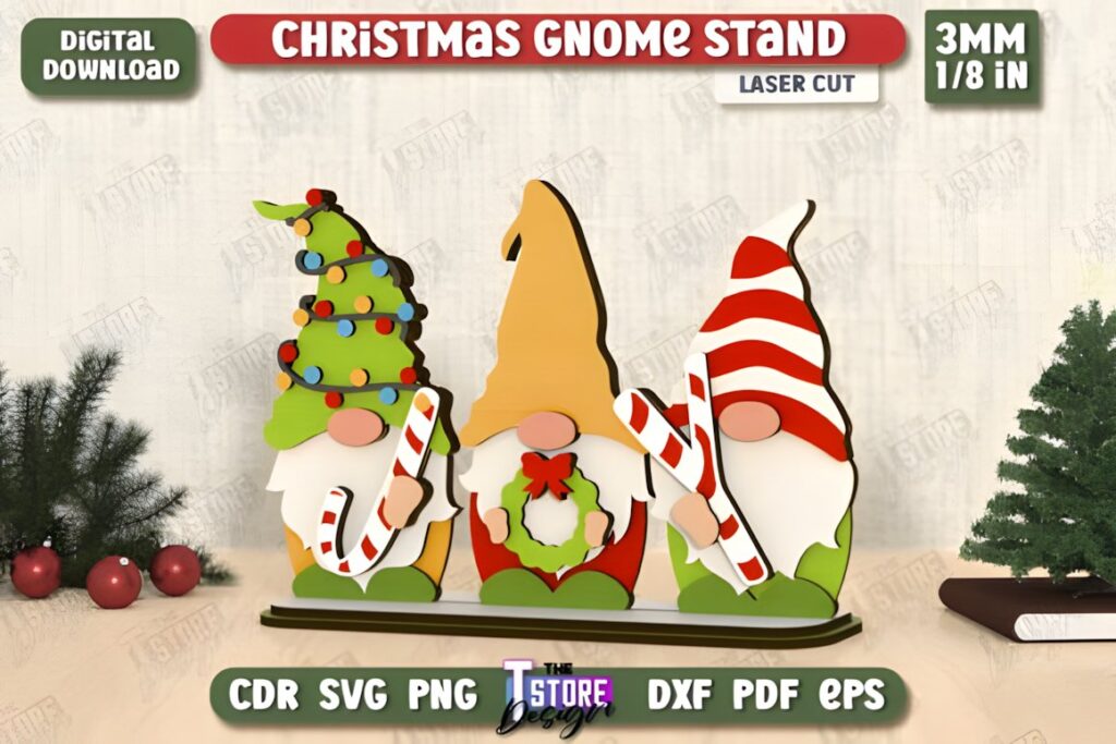 54 Christmas Laser Cut Files for Festive Laser Projects 64 Christmas Laser Cut Files featuring three colorful gnome table statuettes with candy canes and holiday hats