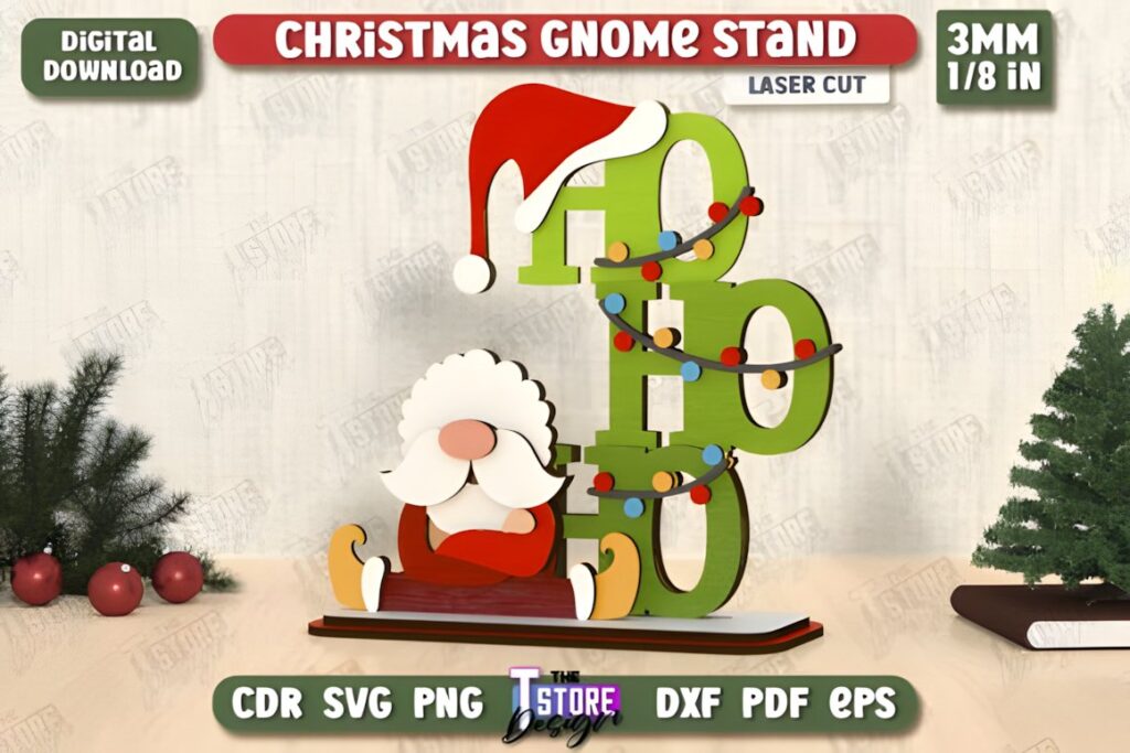 54 Christmas Laser Cut Files for Festive Laser Projects 71 Christmas Laser Cut Files featuring a festive gnome stand with cut and engraved details for holiday decoration