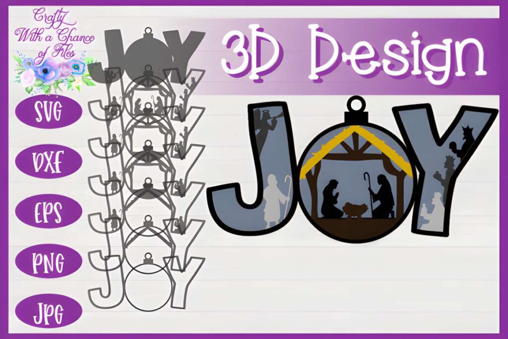 Christmas Joy Nativity 3D Layered 3D laser cut files Christmas Joy Nativity layered design with word Joy and nativity scene