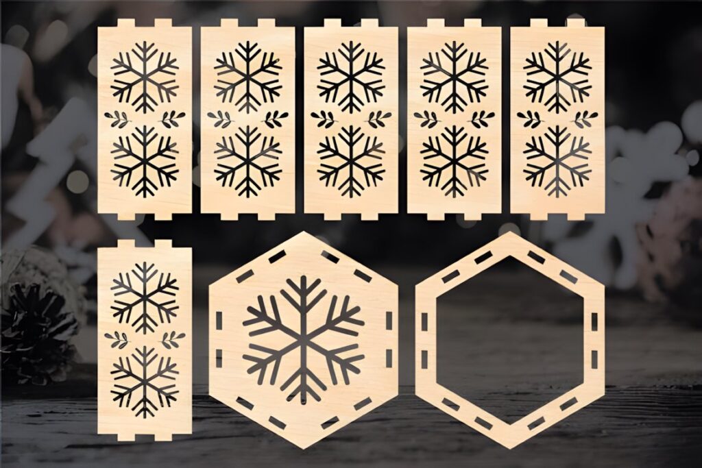 54 Christmas Laser Cut Files for Festive Laser Projects 35 Christmas Laser Cut Files showing wooden pieces with snowflake designs for assembling a festive lantern