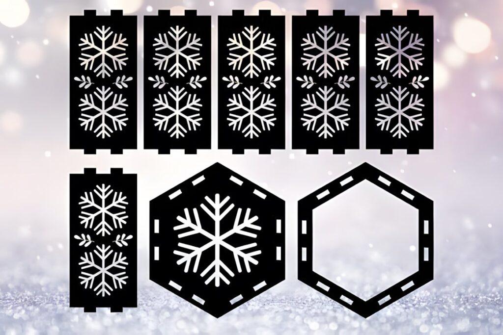 54 Christmas Laser Cut Files for Festive Laser Projects 36 Christmas Laser Cut Files showing black panels with snowflake cutouts for a 3D lantern project