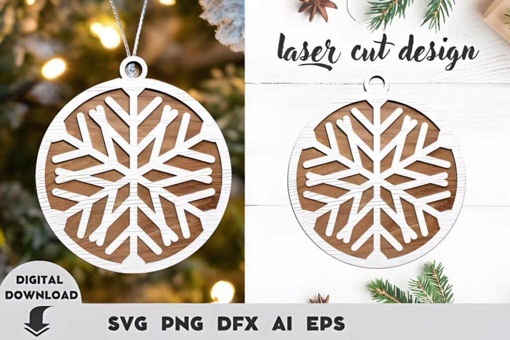 54 Christmas Laser Cut Files for Festive Laser Projects 23 Christmas Laser Cut Files showing a snowflake ornament design in multiple editable formats for festive laser projects