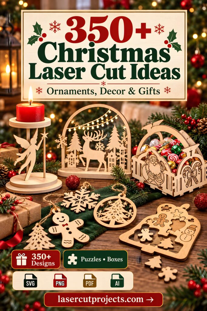 Christmas Laser Cut Ideas from a 350+ File SVG Bundle 1 Christmas laser cut ideas including wooden ornaments, puzzles, decorative boxes, and holiday-themed laser cut designs