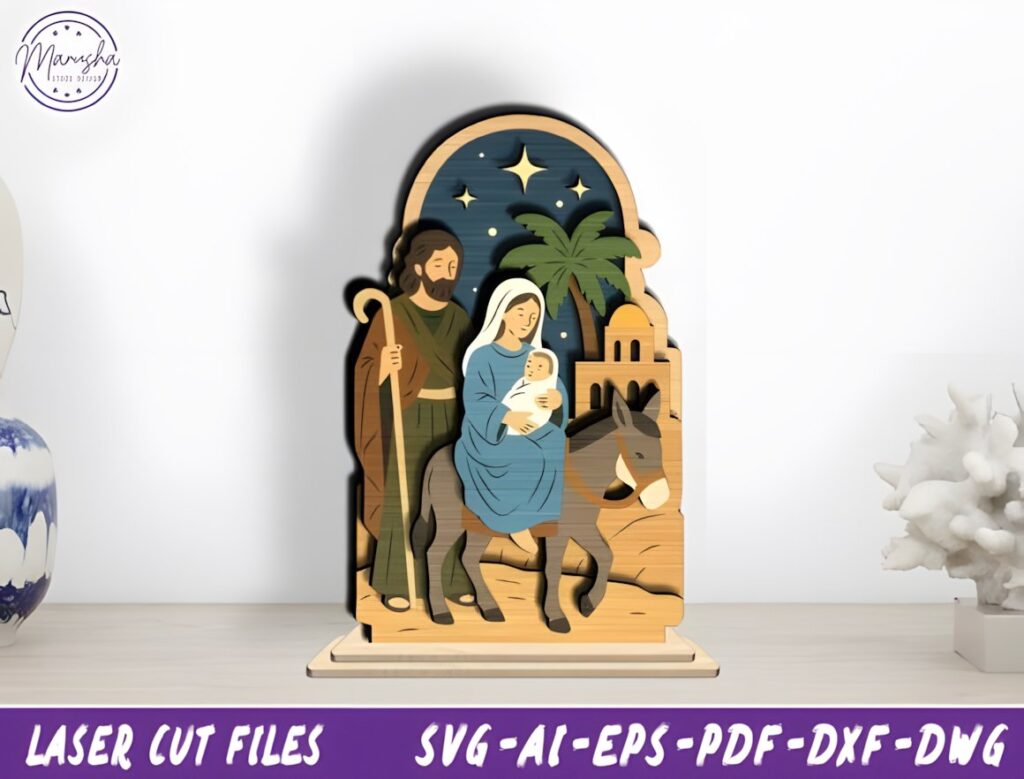54 Christmas Laser Cut Files for Festive Laser Projects 59 Christmas Laser Cut Files layered Nativity scene with Mary, Joseph, Baby Jesus, donkey, and starry background