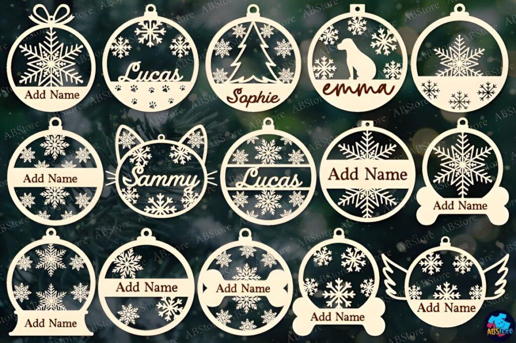 54 Christmas Laser Cut Files for Festive Laser Projects 5 Christmas Laser Cut Files showing various snowflake and holiday-themed ornament designs with customizable name areas