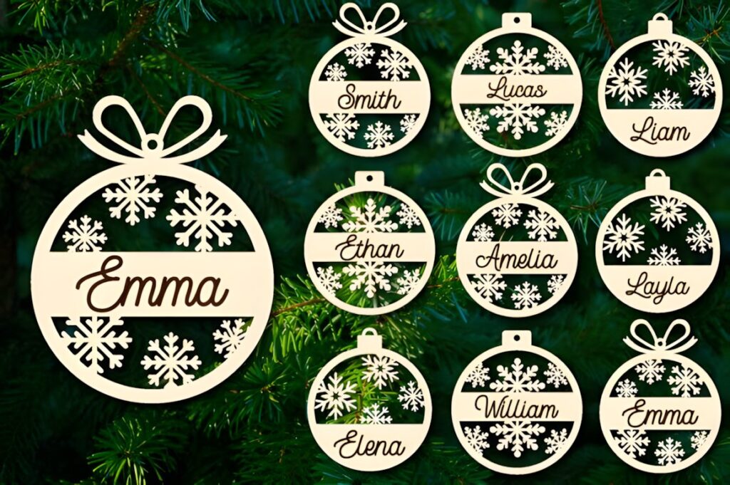 54 Christmas Laser Cut Files for Festive Laser Projects 10 Christmas Laser Cut Files showing wooden hanging ornaments with snowflake designs and personalized names
